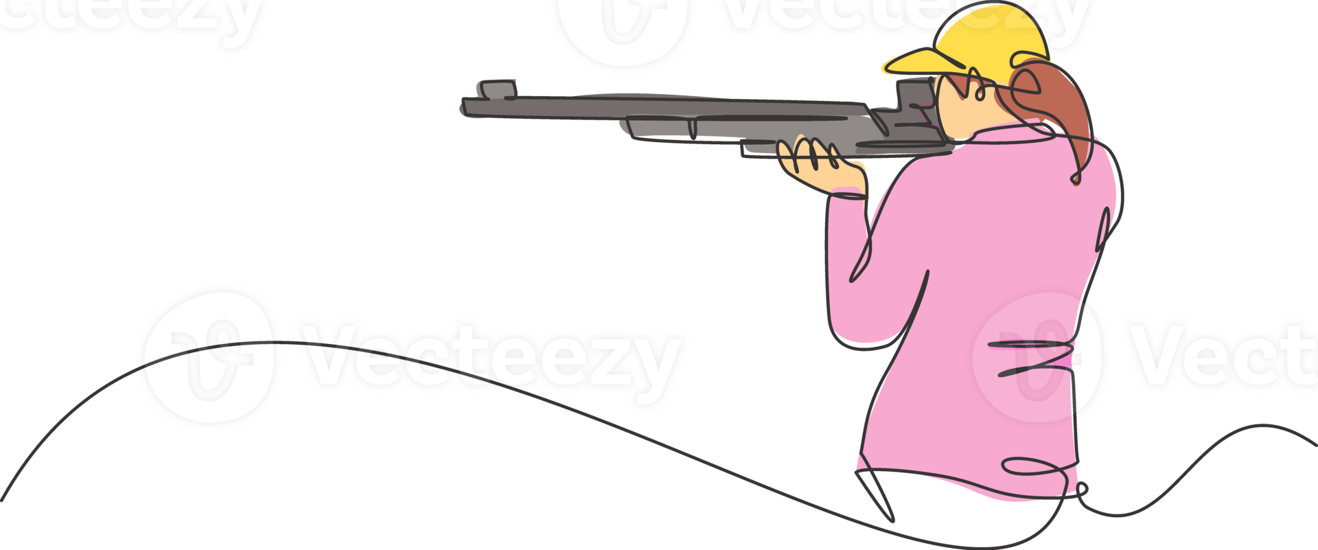 Single continuous line drawing of young athlete woman shooter holding gun and training to aim target tactical shooting. Shooting sport training concept. Trendy one line draw design illustration png