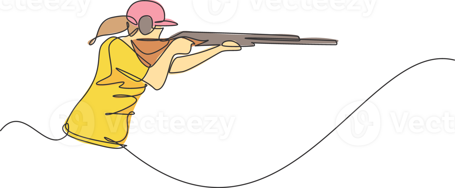 One continuous line drawing young woman on shooting training ground practice for competition with rifle gun. Outdoor shooting sport concept. Dynamic single line draw design illustration graphic png