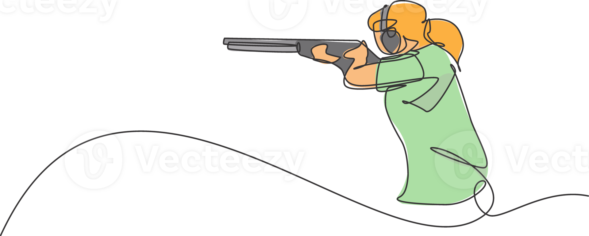 One single line drawing young woman practicing to shot target in range on shooting training ground graphic illustration. Clay pigeon shooting sport concept. Modern continuous line draw design png
