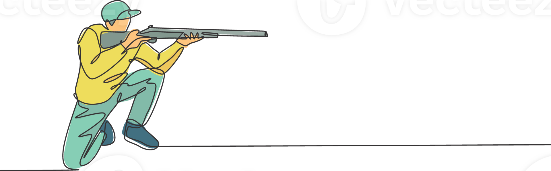 One single line drawing of young man practicing to shot target in range on shooting training ground graphic illustration. Clay pigeon shooting sport concept. Modern continuous line draw design png