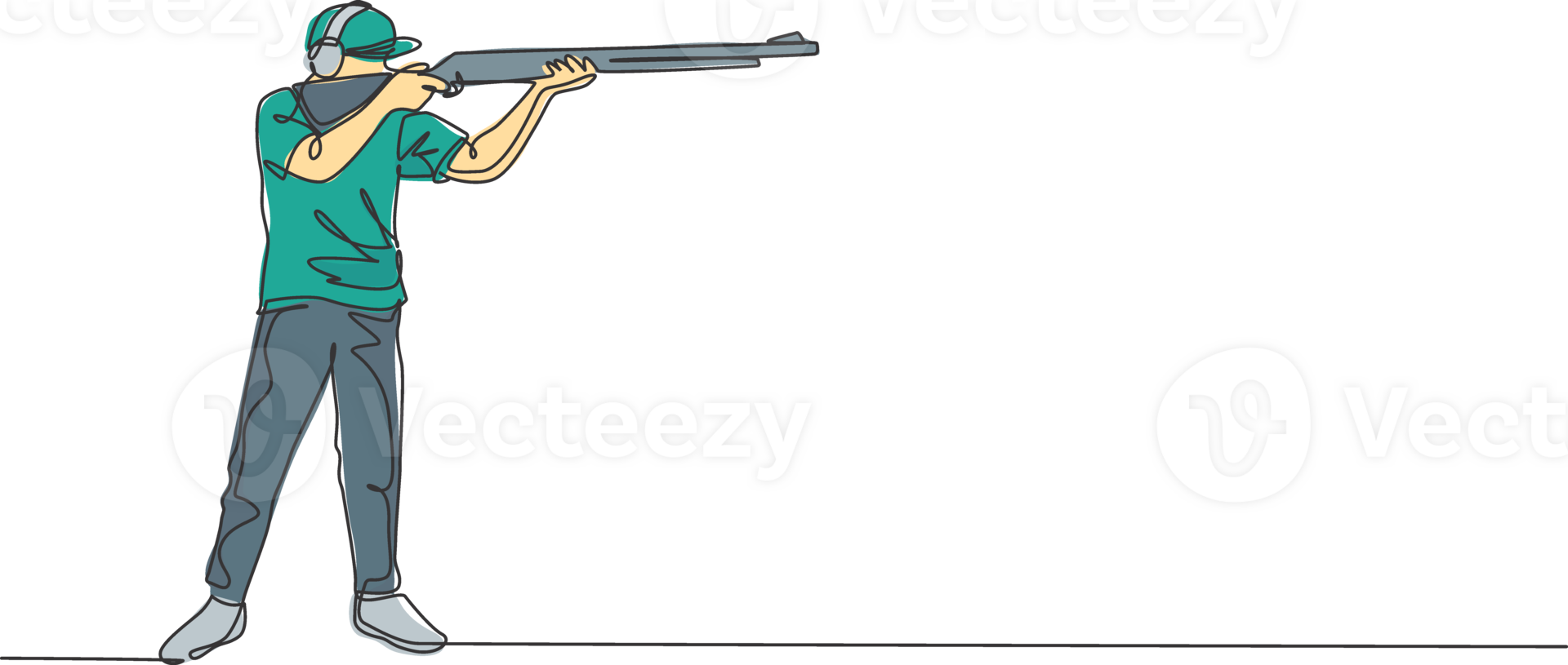 een doorlopend lijn tekening van jong Mens Aan het schieten opleiding grond praktijk voor wedstrijd met geweer- jachtgeweer. buitenshuis het schieten sport concept. dynamisch single lijn trek ontwerp illustratie png