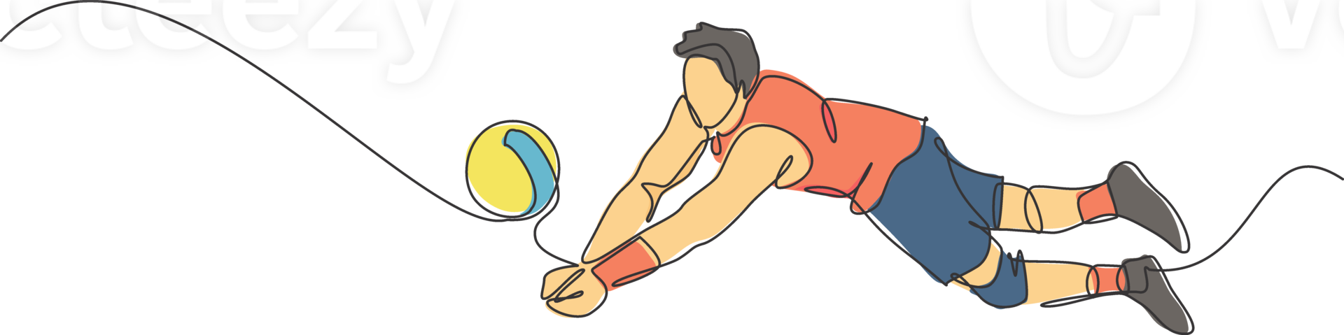 soltero continuo línea dibujo de masculino joven vóleibol atleta jugador en acción saltando bloquear el pelota en corte. equipo deporte concepto. competencia juego. de moda uno línea dibujar diseño ilustración png