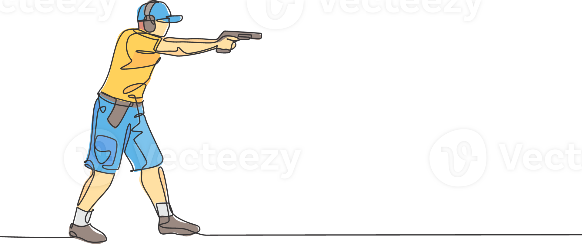 One single line drawing of young man practicing to shot target in range on shooting training ground graphic illustration. Clay pigeon shooting sport concept. Modern continuous line draw design png