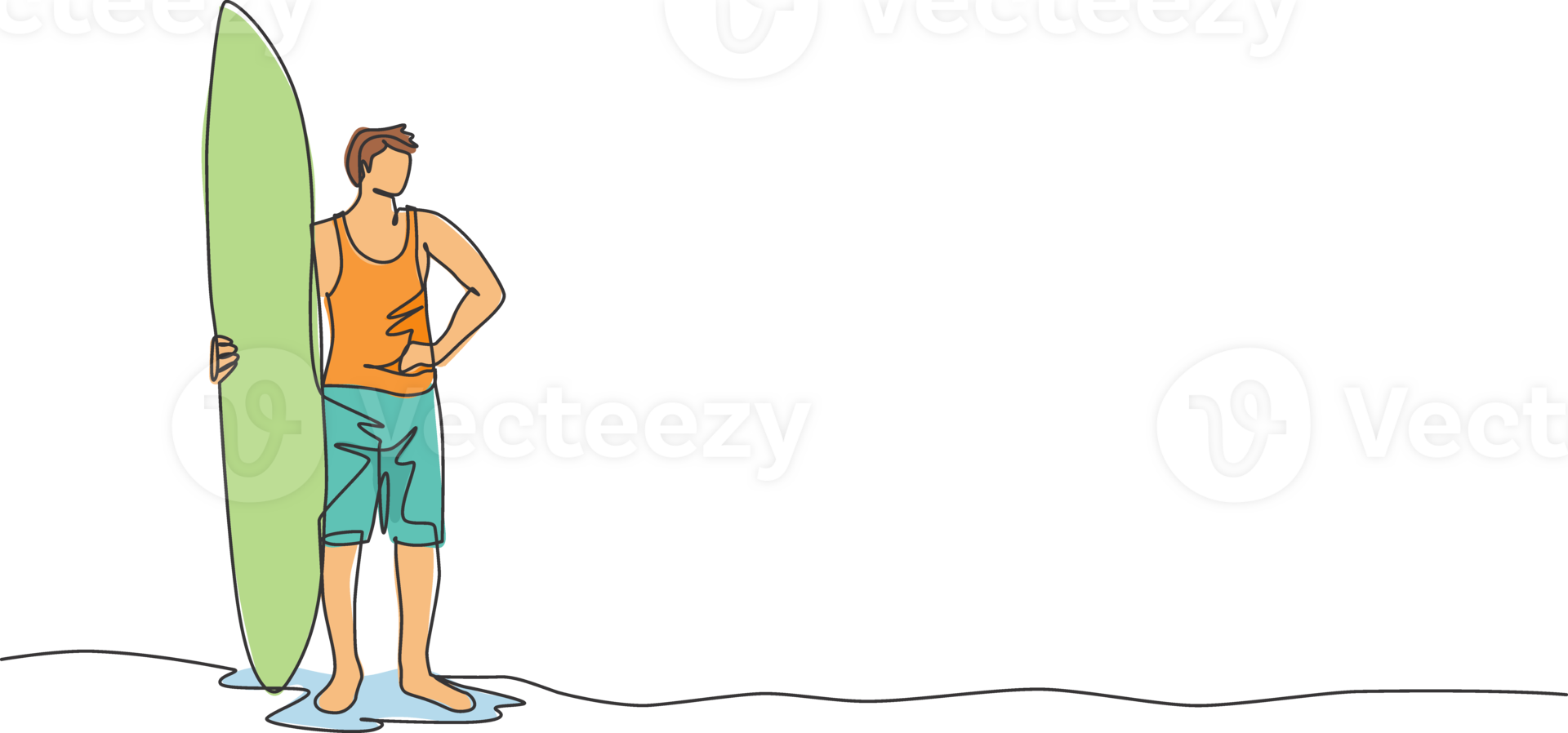 One single line drawing of young sporty surfer man standing and holding long surfing board at sandy beach graphic illustration. Extreme water sport concept. Modern continuous line draw design png