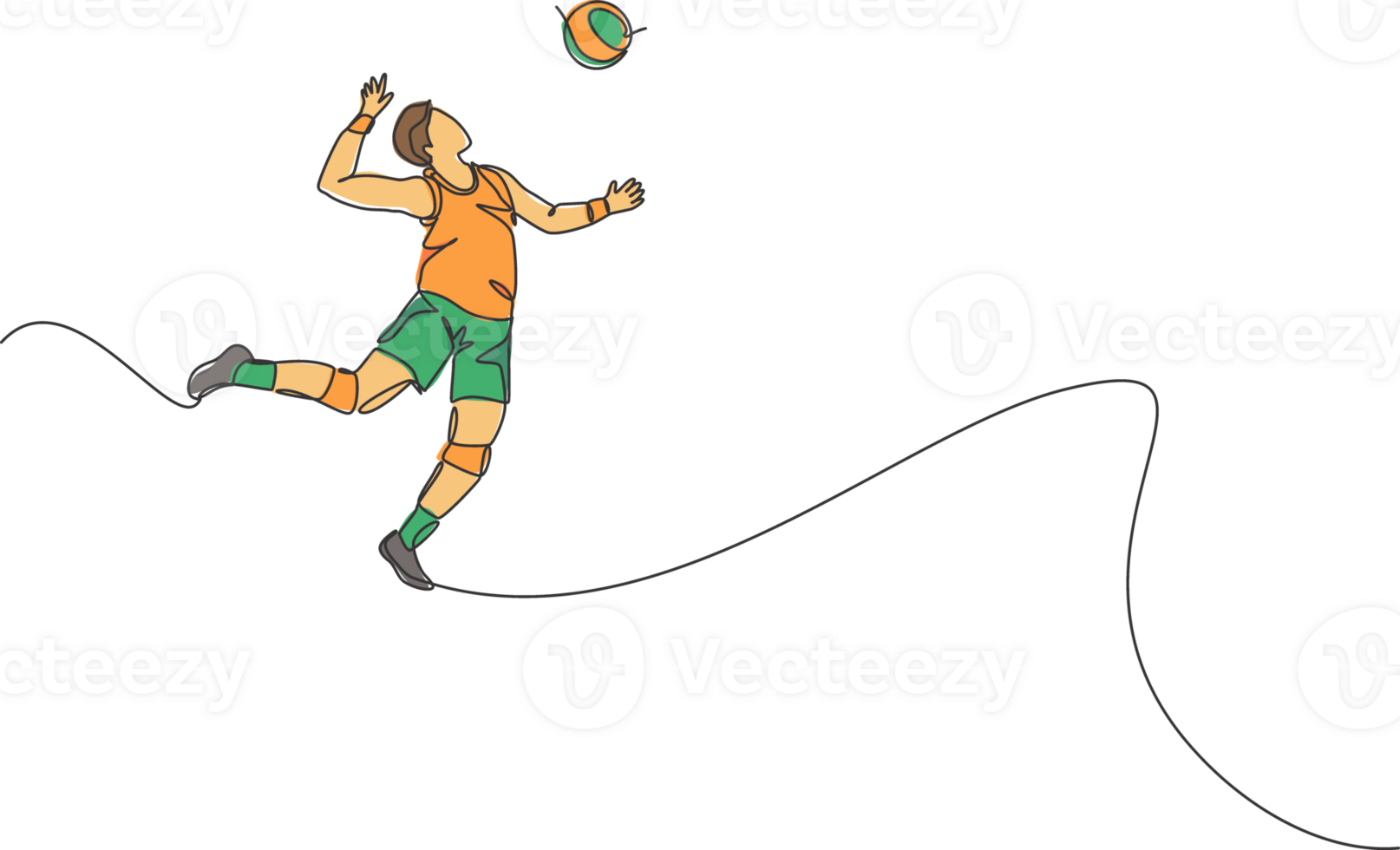 uno continuo línea dibujo de joven masculino profesional vóleibol jugador en acción saltando espiga en corte. sano competitivo equipo deporte concepto. dinámica soltero línea dibujar diseño ilustración png