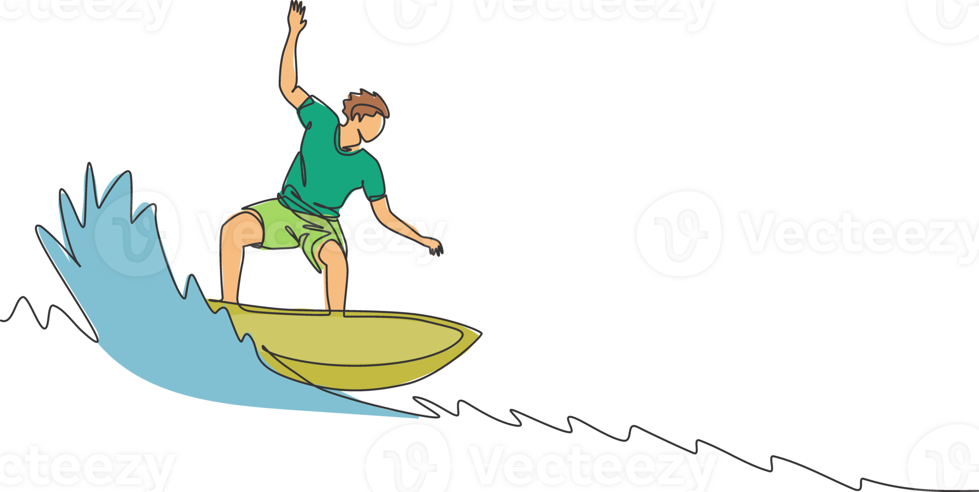One single line drawing of young sporty surfer man riding on big waves barrel in surfing beach paradise graphic illustration. Extreme water sport concept. Modern continuous line draw design png
