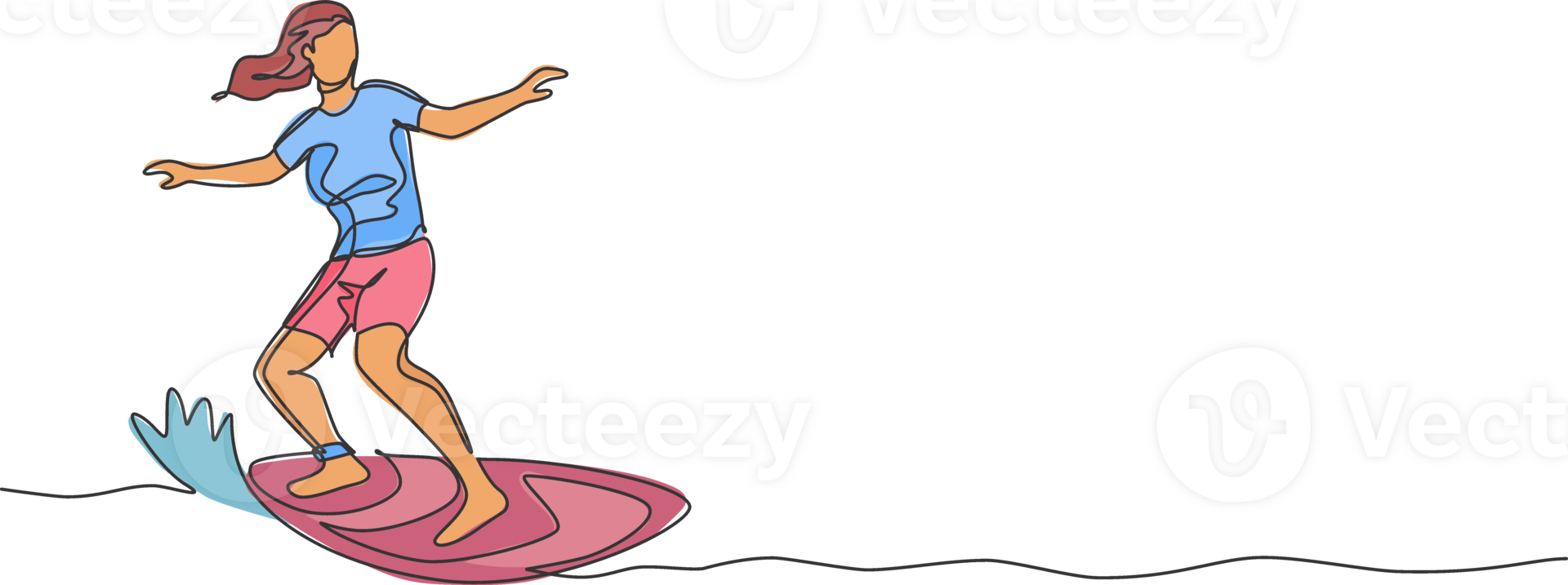 One continuous line drawing young happy tourist surfer exercising surfing on wavy ocean. Healthy extreme watersport concept. Summer holiday. Dynamic single line draw design graphic illustration png