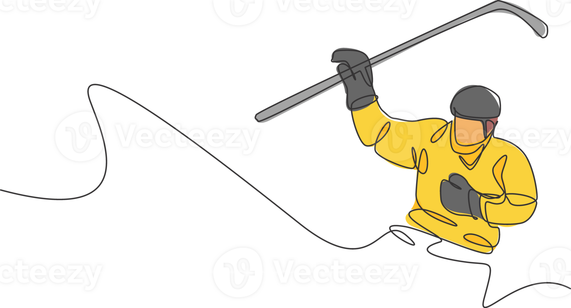 Single continuous line drawing of young professional ice hockey player hit the puck and attack on ice rink arena. Extreme winter sport concept. Trendy one line draw design graphic illustration png