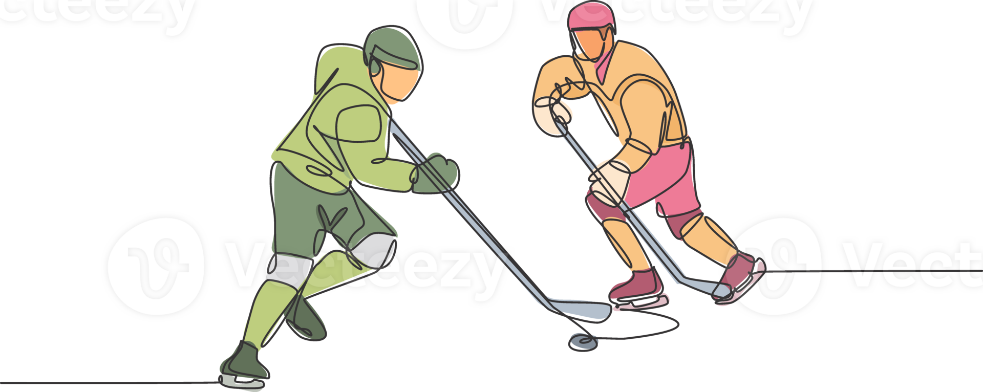 un Célibataire ligne dessin de deux Jeune la glace le hockey joueur dans action à jouer compétitif Jeu sur la glace patinoire stade graphique illustration. sport tournoi concept. moderne continu ligne dessiner conception png