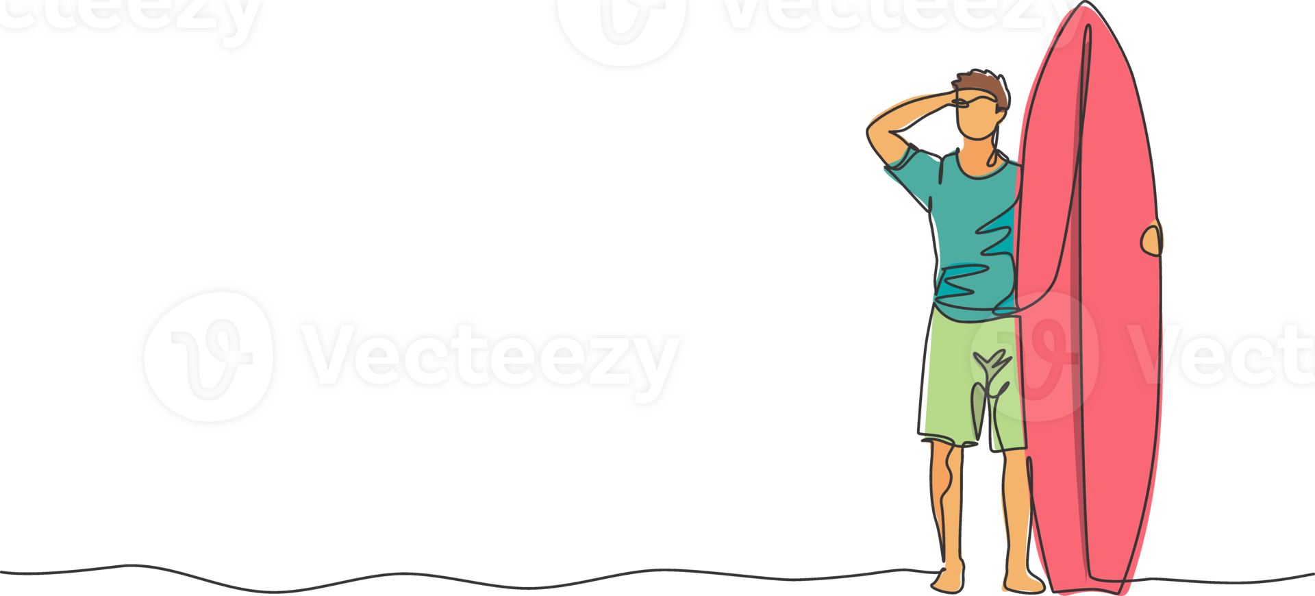 One continuous line drawing young happy tourist surfer holding surfboard at sandy beach. Healthy extreme watersport concept. Summer holiday. Dynamic single line draw graphic design illustration png