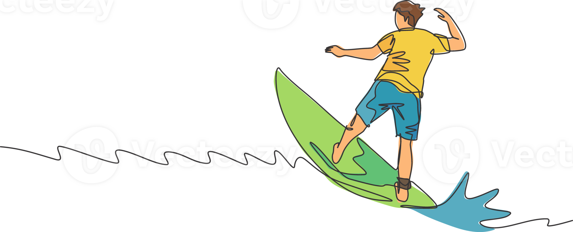 1 solteiro linha desenhando do jovem desportivo surfista homem equitação em grande ondas dentro surfar de praia paraíso gráfico ilustração. extremo água esporte estilo de vida conceito. moderno contínuo linha desenhar Projeto png