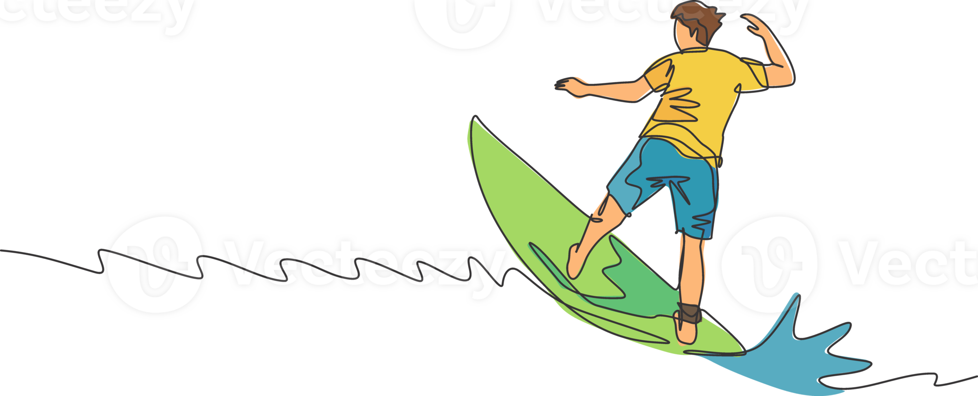 One single line drawing of young sporty surfer man riding on big waves in surfing beach paradise graphic illustration. Extreme water sport lifestyle concept. Modern continuous line draw design png