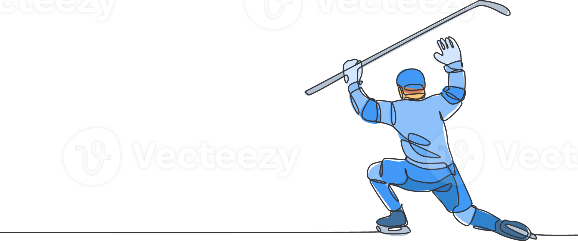 Single continuous line drawing of young professional ice hockey goalie block the puck shot and defense on ice rink arena. Extreme winter sport concept. Trendy one line draw design illustration png