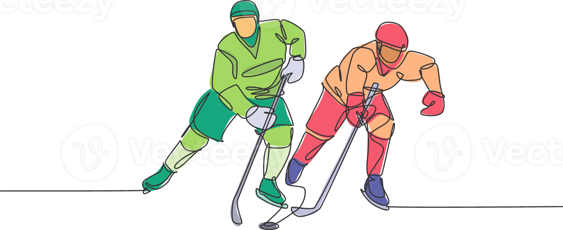 uno continuo linea disegno Due giovane professionale ghiaccio hockey giocatore esercizio su ghiaccio pista stadio insieme. salutare estremo sport concetto. dinamico singolo linea disegnare grafico design illustrazione png