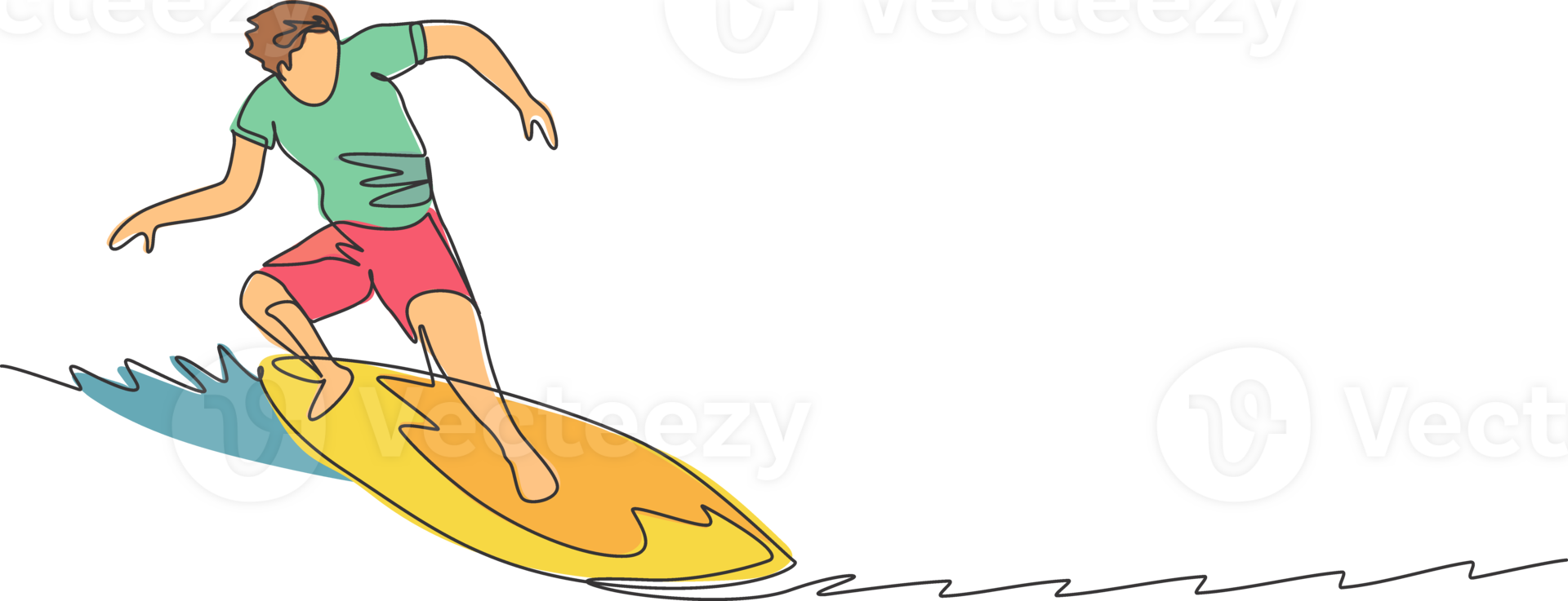 One continuous line drawing young happy tourist surfer exercising surfing on wavy ocean. Healthy extreme watersport concept. Summer holiday. Dynamic single line draw design illustration graphic png