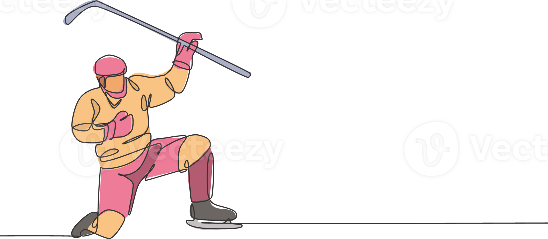 Single continuous line drawing of young professional ice hockey player celebrate a goal score on ice rink arena. Extreme winter sport concept. Trendy one line draw design graphic illustration png