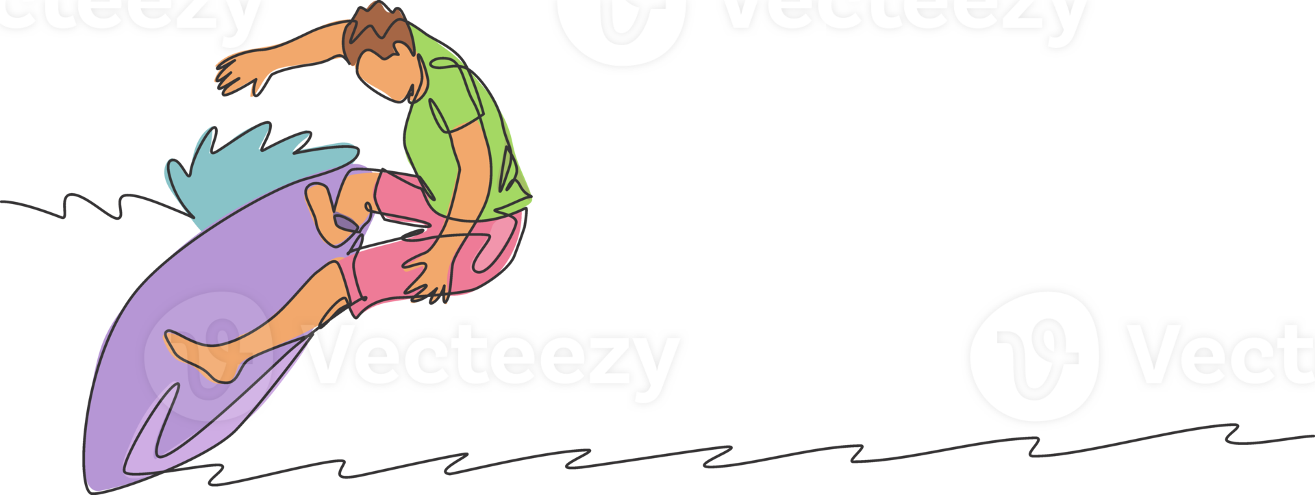One continuous line drawing young happy tourist surfer exercising surfing on wavy ocean. Healthy extreme watersport concept. Summer holiday. Dynamic single line draw design graphic illustration png