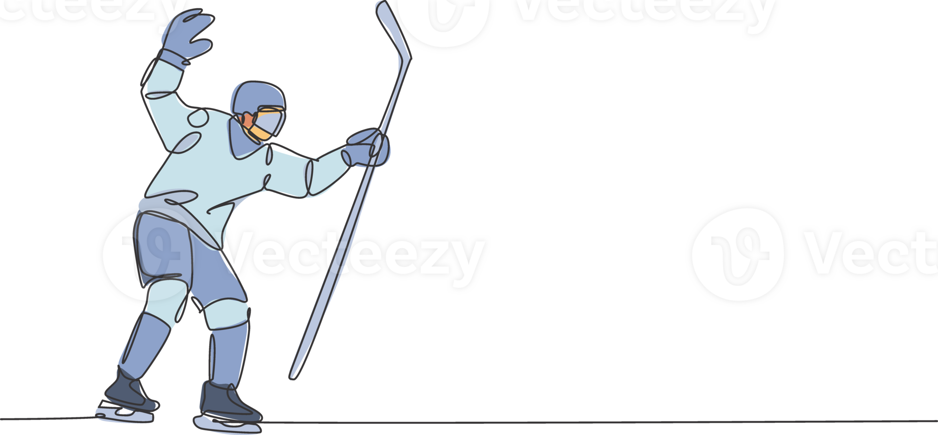 One continuous line drawing of young professional ice hockey goalie exercising to block puck shot on ice rink stadium. Health extreme sport concept. Dynamic single line draw design illustration png