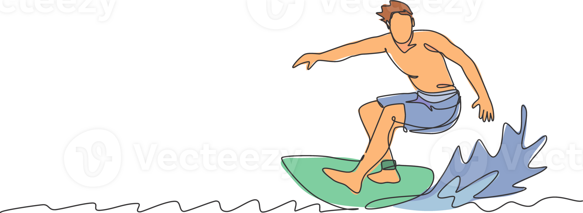 Single continuous line drawing young professional surfer in action riding the waves on blue ocean. Extreme watersport concept. Summer vacation. Trendy one line draw design graphic illustration png