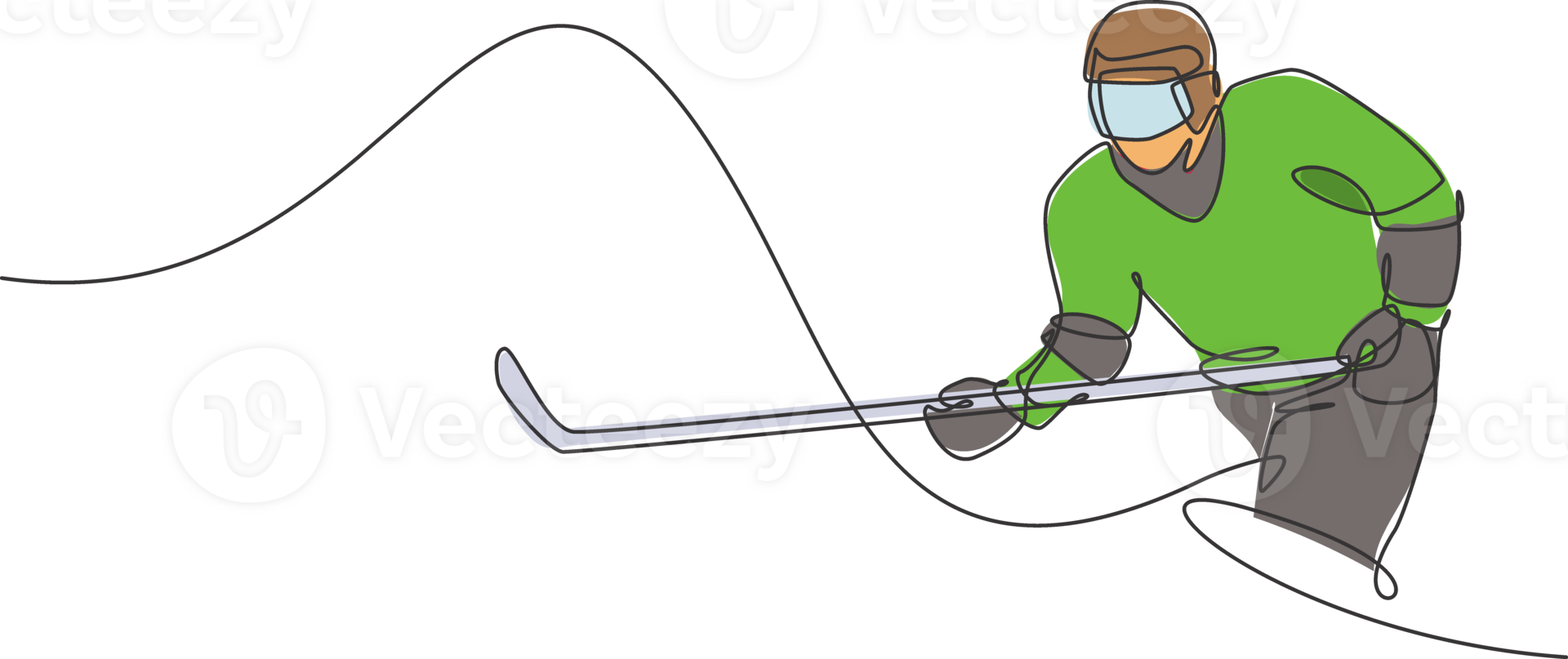 One continuous line drawing of young professional ice hockey player exercising and practicing on ice rink stadium. Healthy extreme sport concept. Dynamic single line draw design illustration png