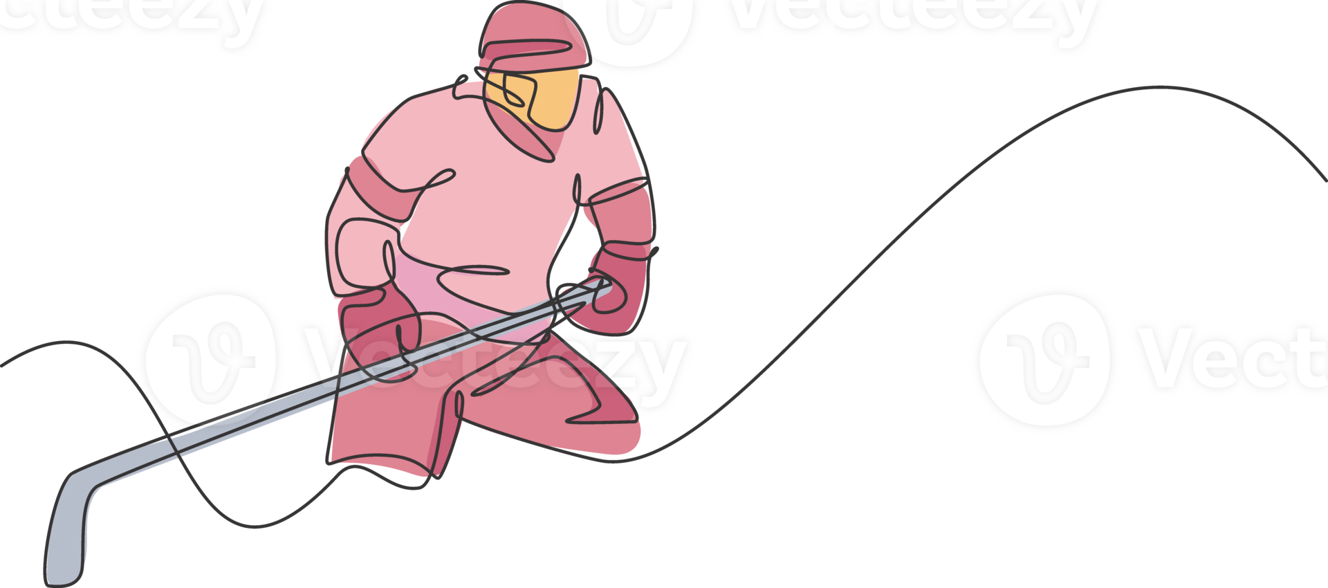 One continuous line drawing of young professional ice hockey player exercising and practicing on ice rink stadium. Healthy extreme sport concept. Dynamic single line draw design illustration png