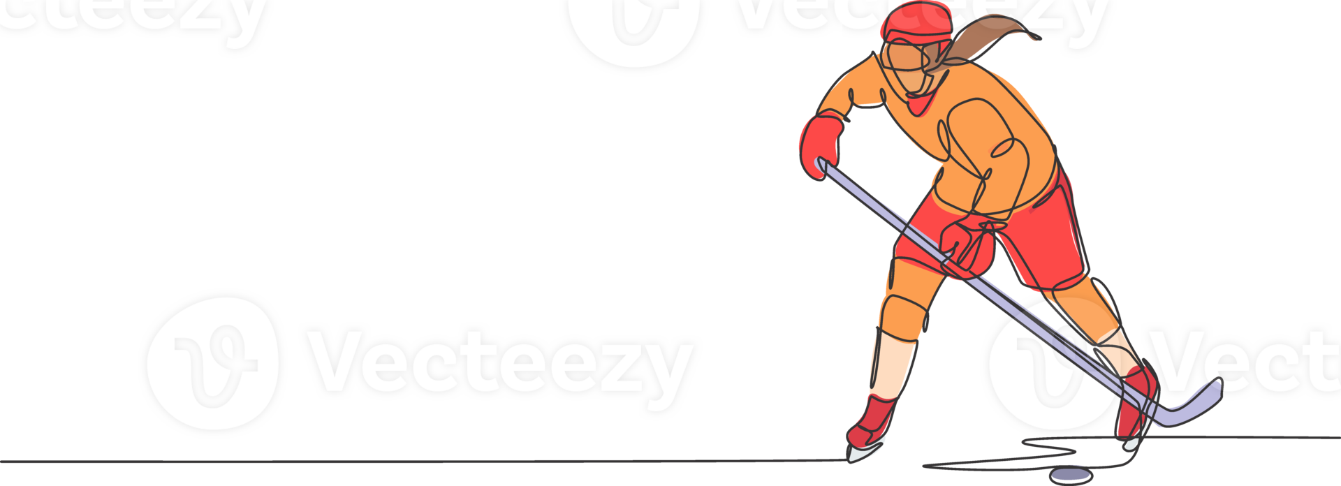 One single line drawing of young ice hockey player in action to play a competitive game on ice rink stadium illustration graphic. Sport tournament concept. Modern continuous line draw design png