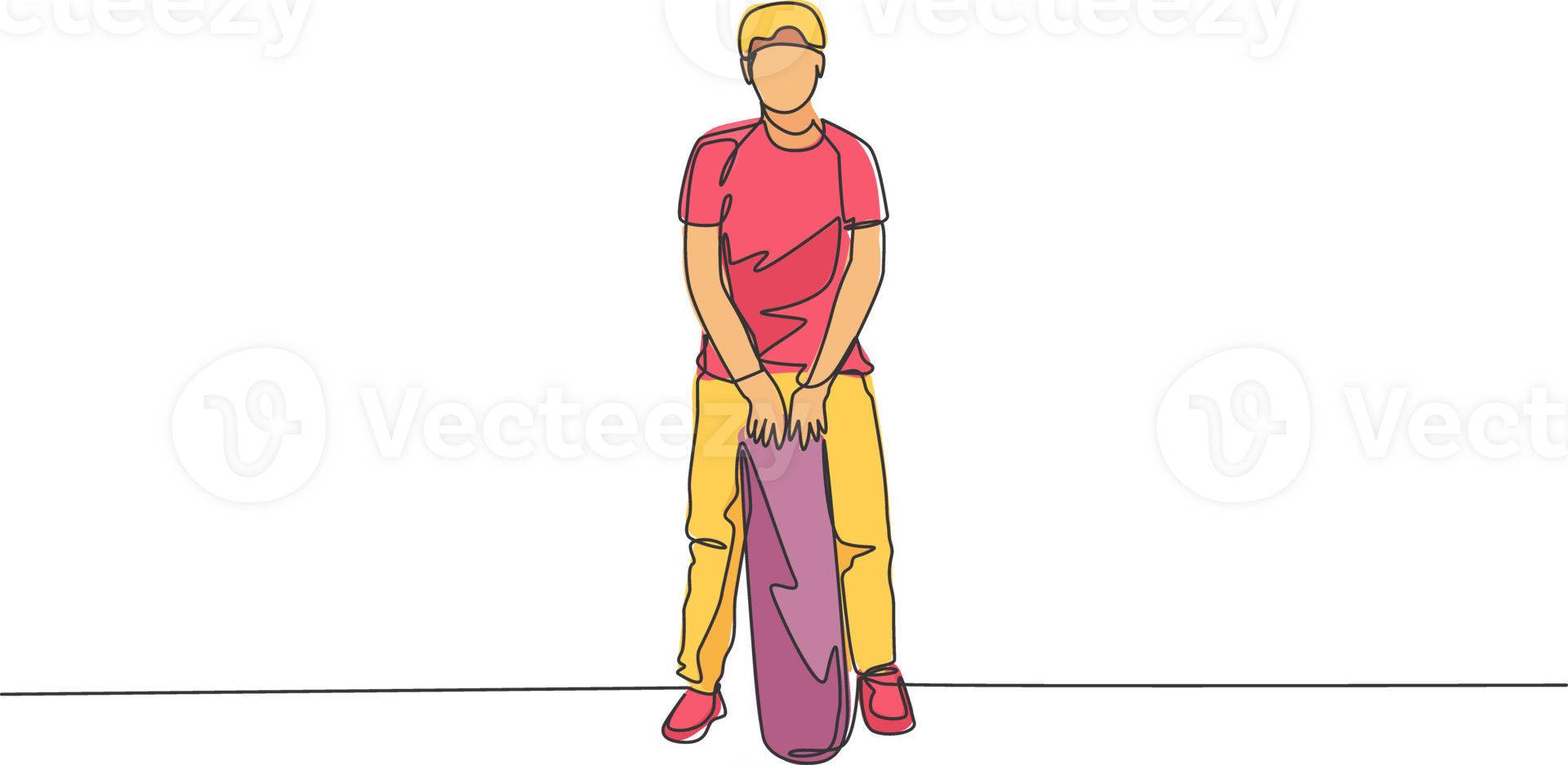 Single continuous line drawing of young cool skateboarder man holding skate and pose stylish to show apparel shirt in skate park. Outdoor sport concept. Trendy one line draw design illustration png