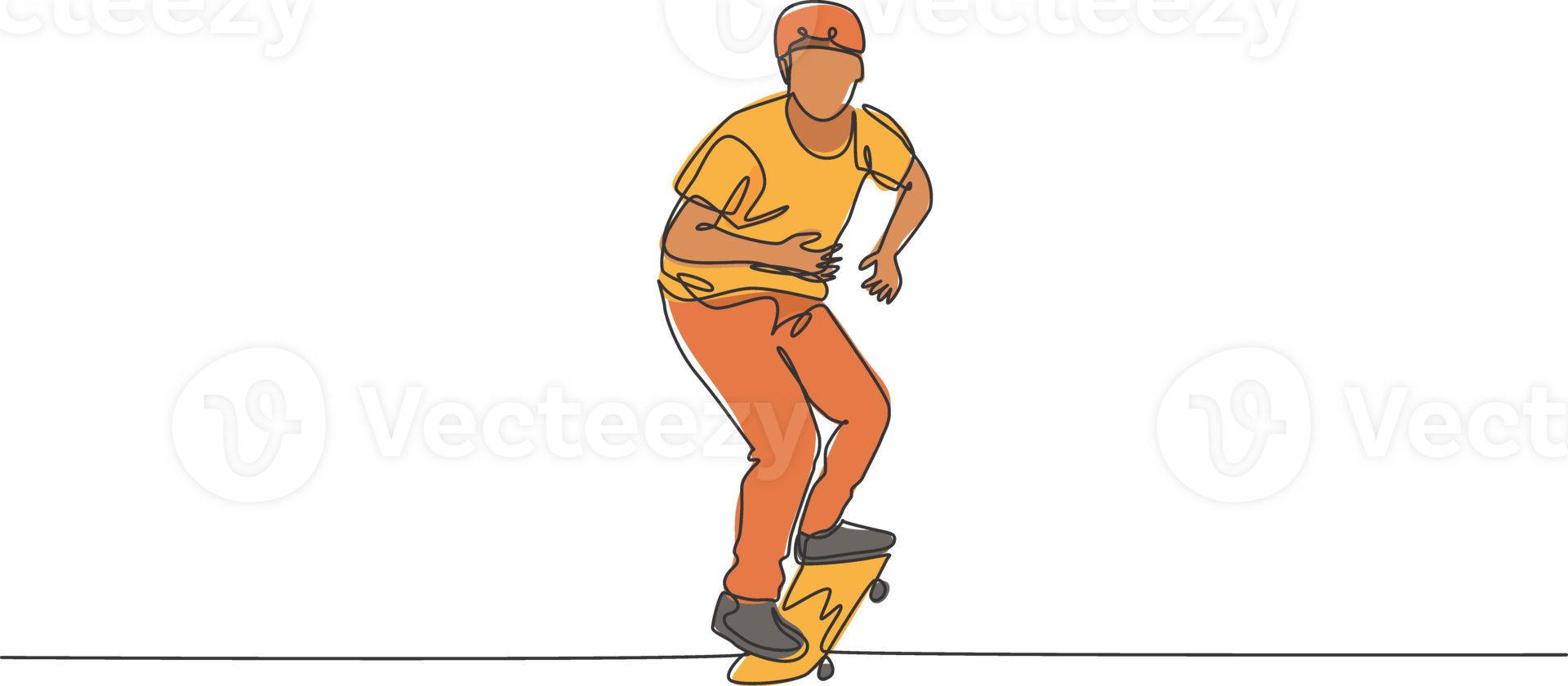 Single continuous line drawing of young cool skateboarder man riding skate and performing trick in skate park. Practicing outdoor sport concept. Trendy one line draw design illustration graphic png