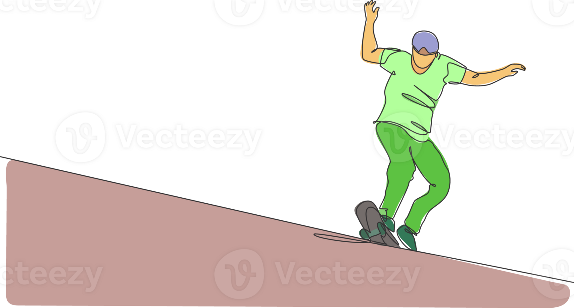 Single continuous line drawing of young cool skateboarder man riding skate and performing slide trick in skate park. Practicing outdoor sport concept. Trendy one line draw design illustration png