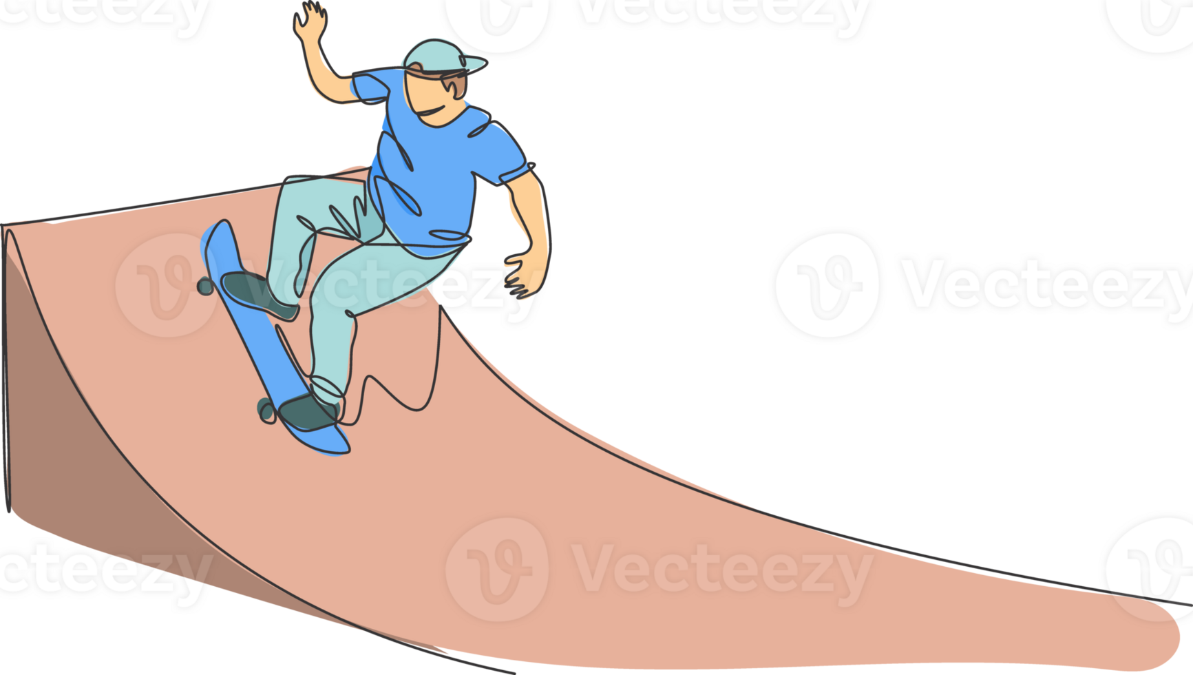 One single line drawing of young skateboarder man exercise riding skateboard at ramp board illustration. Teen lifestyle and extreme outdoor sport concept. Modern continuous line draw design png