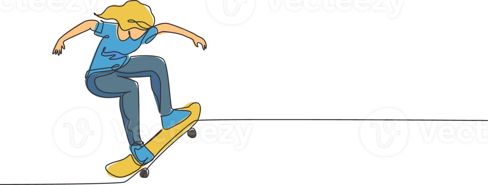 One continuous line drawing of young cool skateboarder woman riding skateboard doing a trick in skatepark. Extreme teenager sport concept. Dynamic single line draw graphic design illustration png