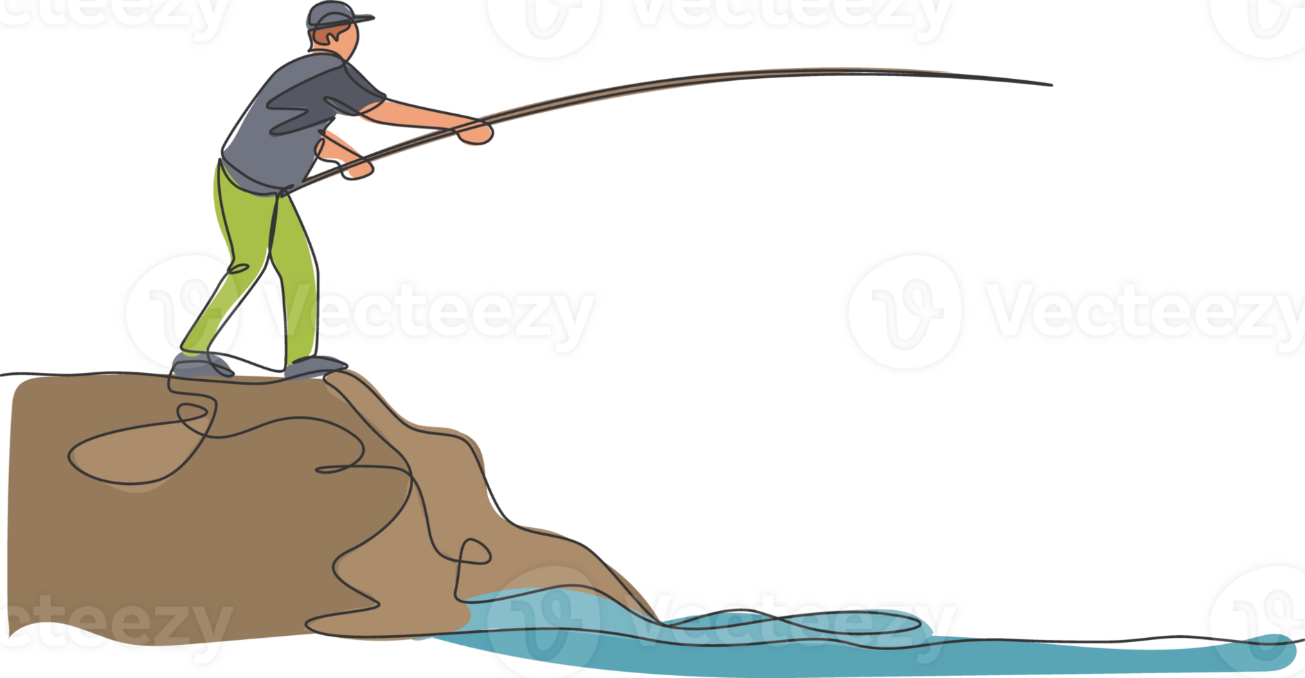One continuous line drawing of young fisherman happy standing and fishing on a side lake land hill. Fishing leisure hobby vacation concept. Dynamic single line draw design graphic illustration png