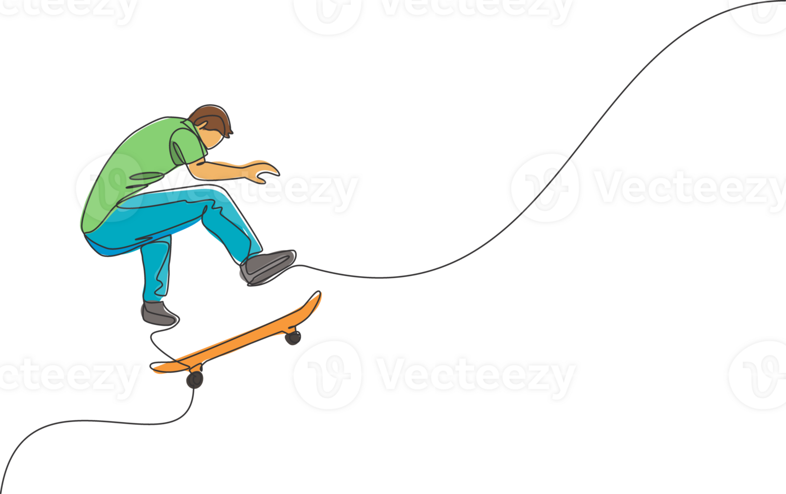 Single continuous line drawing of young cool skateboarder man riding skate and performing jump trick in skate park. Practicing outdoor sport concept. Trendy one line draw design illustration png