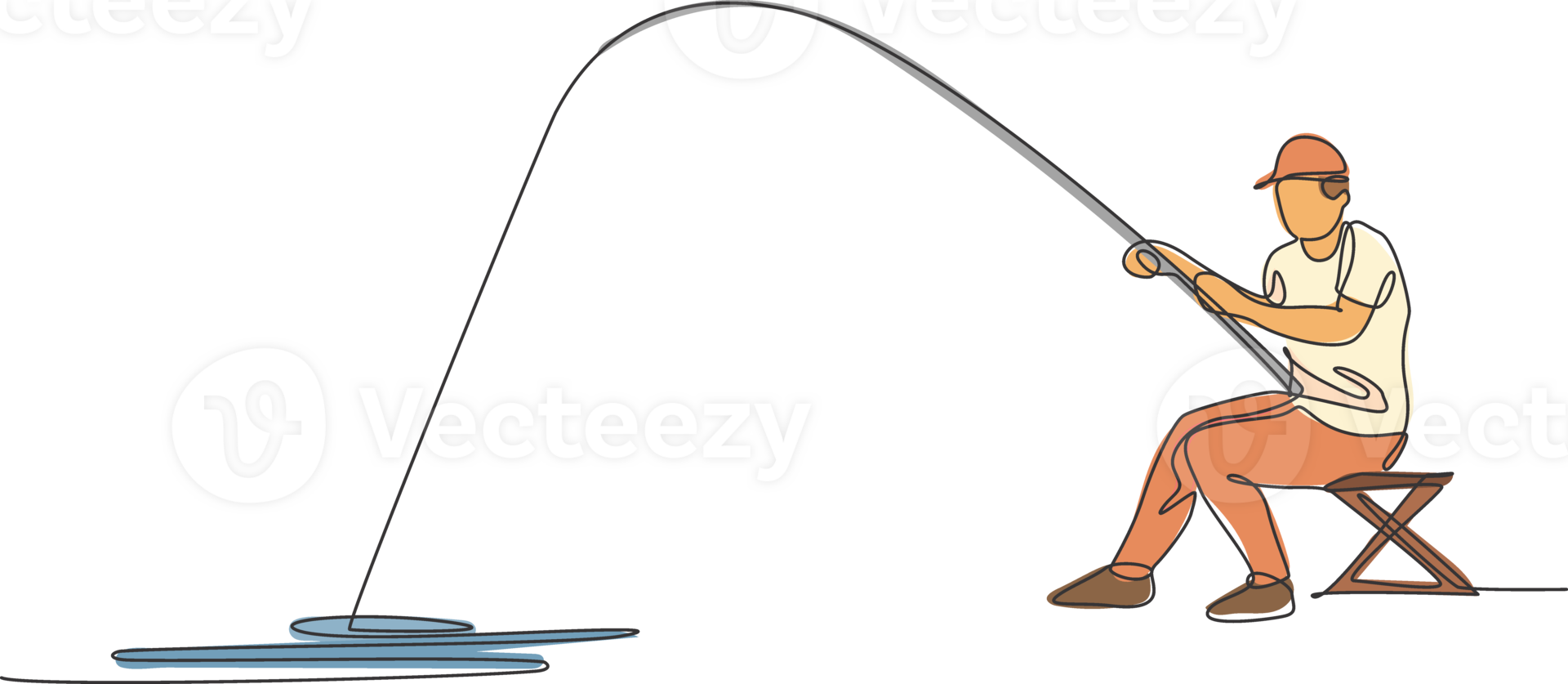 single doorlopend lijn tekening jong gelukkig visser Mens vlieg visvangst bas vis in Open rivier- terwijl locatie Aan stoel. visvangst hobby vakantie concept. modieus een lijn trek ontwerp illustratie grafisch png