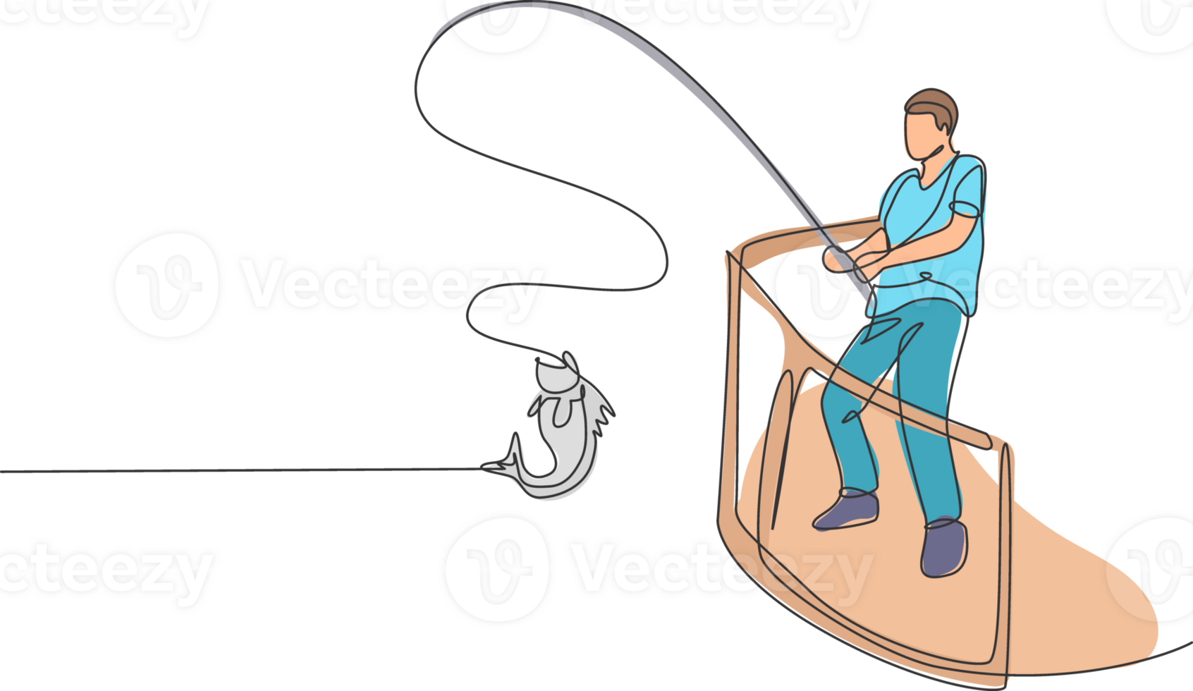 einer kontinuierlich Linie Zeichnung jung glücklich Fischer Stehen und Angeln auf das Meer von Fähre Boot. Angeln Freizeit Hobby Ferien Konzept. dynamisch Single Linie zeichnen Grafik Design Illustration png