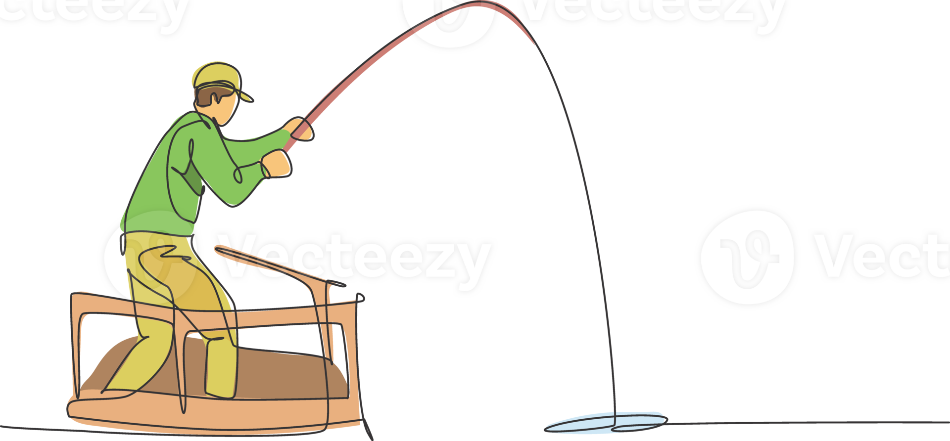 uno continuo linea disegno di giovane contento pescatore in piedi e pesca a partire dal traghetto barca a il oceano. pesca tempo libero passatempo vacanza concetto. dinamico singolo linea disegnare design illustrazione png