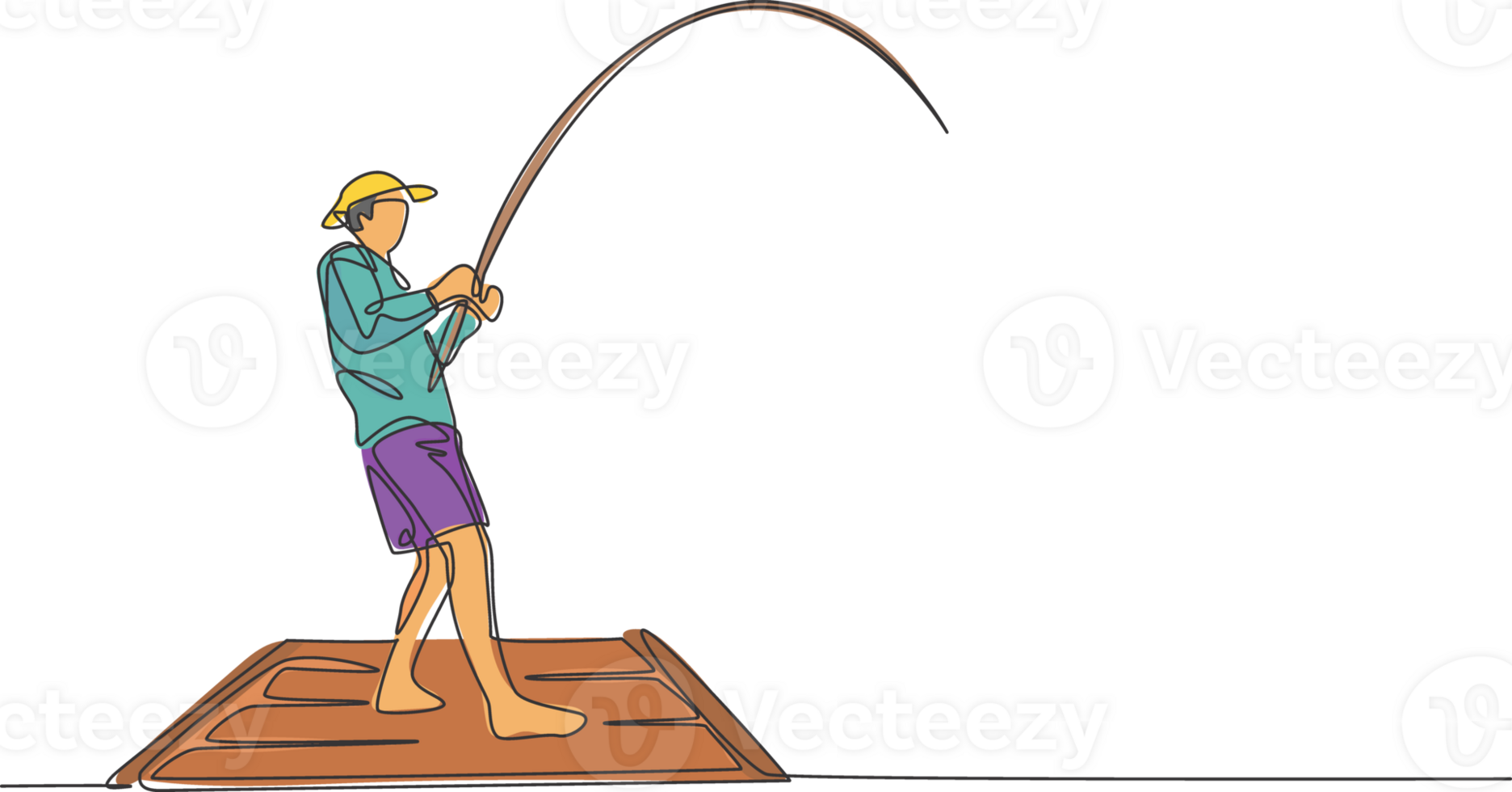 1 solteiro linha desenhando do jovem feliz pescador homem em pé e Peixe voador às a de madeira doca cais ilustração. feriado viajando para pescaria passatempo conceito. moderno contínuo linha desenhar Projeto png