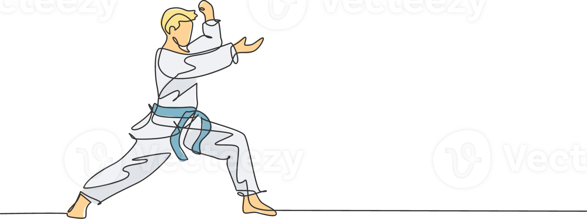 One continuous line drawing of young talented karateka man train pose for duel fighting at dojo gym center. Mastering martial art sport concept. Dynamic single line draw design illustration png