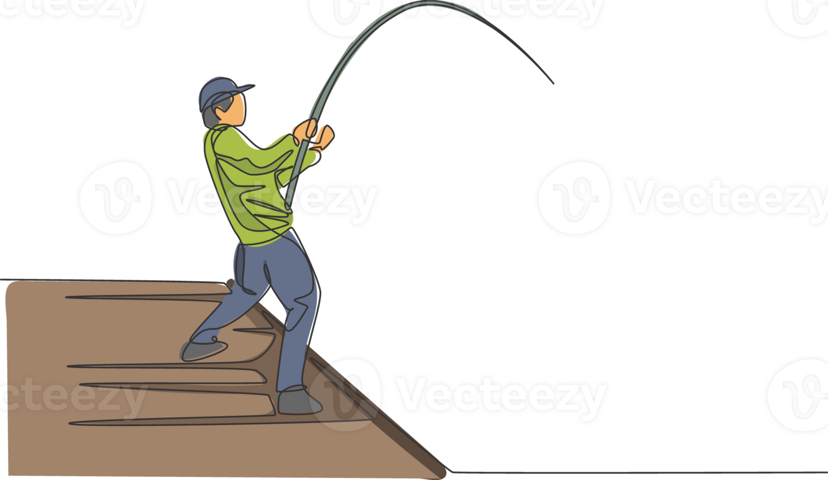 single doorlopend lijn tekening van jong gelukkig visser Mens vlieg visvangst groot bas vis in dok pier. visvangst hobby vakantie concept. modieus een lijn trek ontwerp grafisch illustratie png