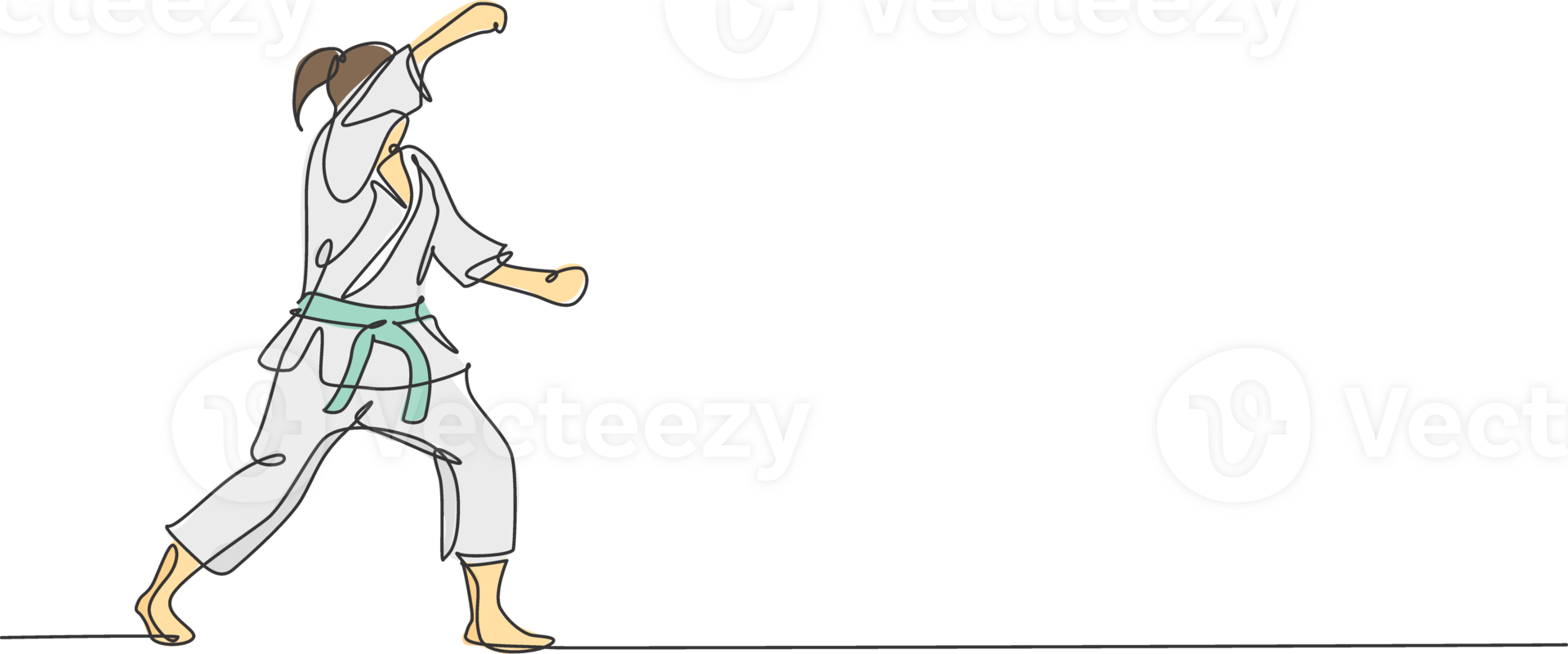 Single continuous line drawing of young confident karateka girl in kimono practicing karate combat at dojo. Martial art sport training concept. Trendy one line draw graphic design illustration png