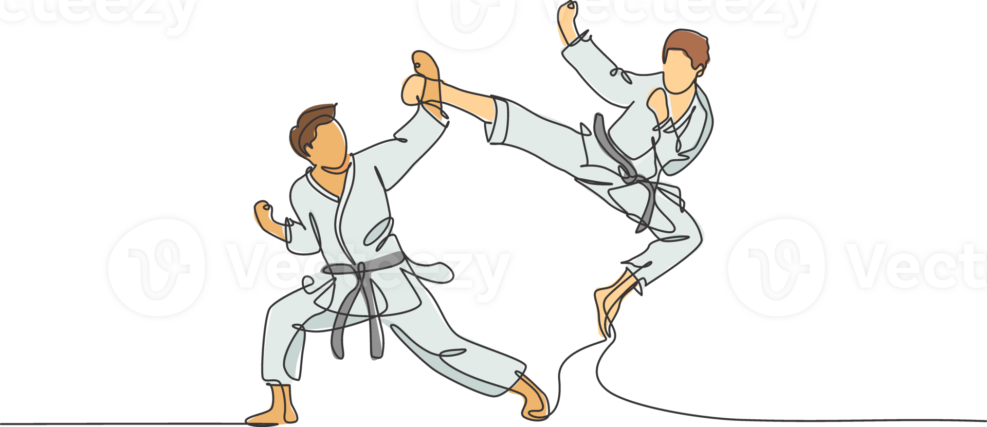 Single continuous line drawing of young confident karateka man in kimono practicing karate combat at dojo. Martial art sport training concept. Trendy one line draw design graphic illustration png