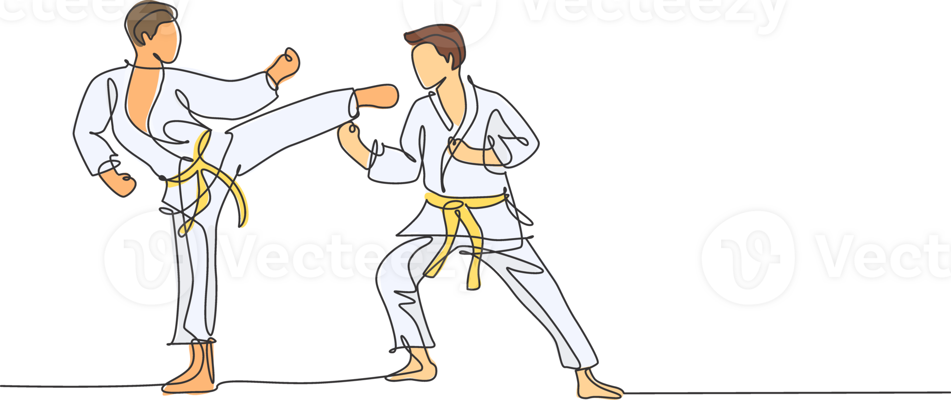 One continuous line drawing of two young talented karateka men train pose for duel fighting at dojo gym center. Mastering martial art sport concept. Dynamic single line draw design illustration png