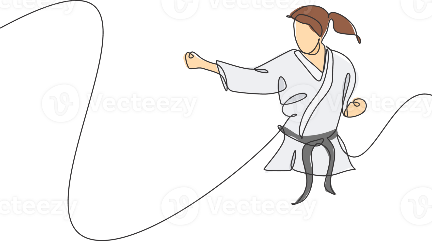 One continuous line drawing of young talented karateka girl train pose for duel fighting at dojo gym center. Mastering martial art sport concept. Dynamic single line draw design illustration png