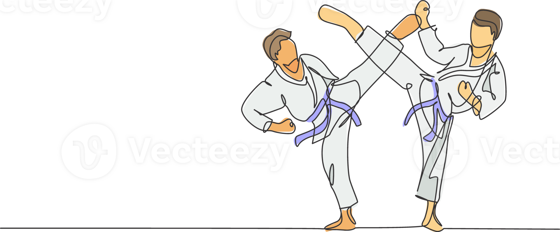 uno soltero línea dibujo de dos joven deportivo karateka hombres en lucha uniforme y cinturón hacer ejercicio marcial Arte a gimnasio ilustración. sano deporte estilo de vida concepto. moderno Seguir línea dibujar diseño png