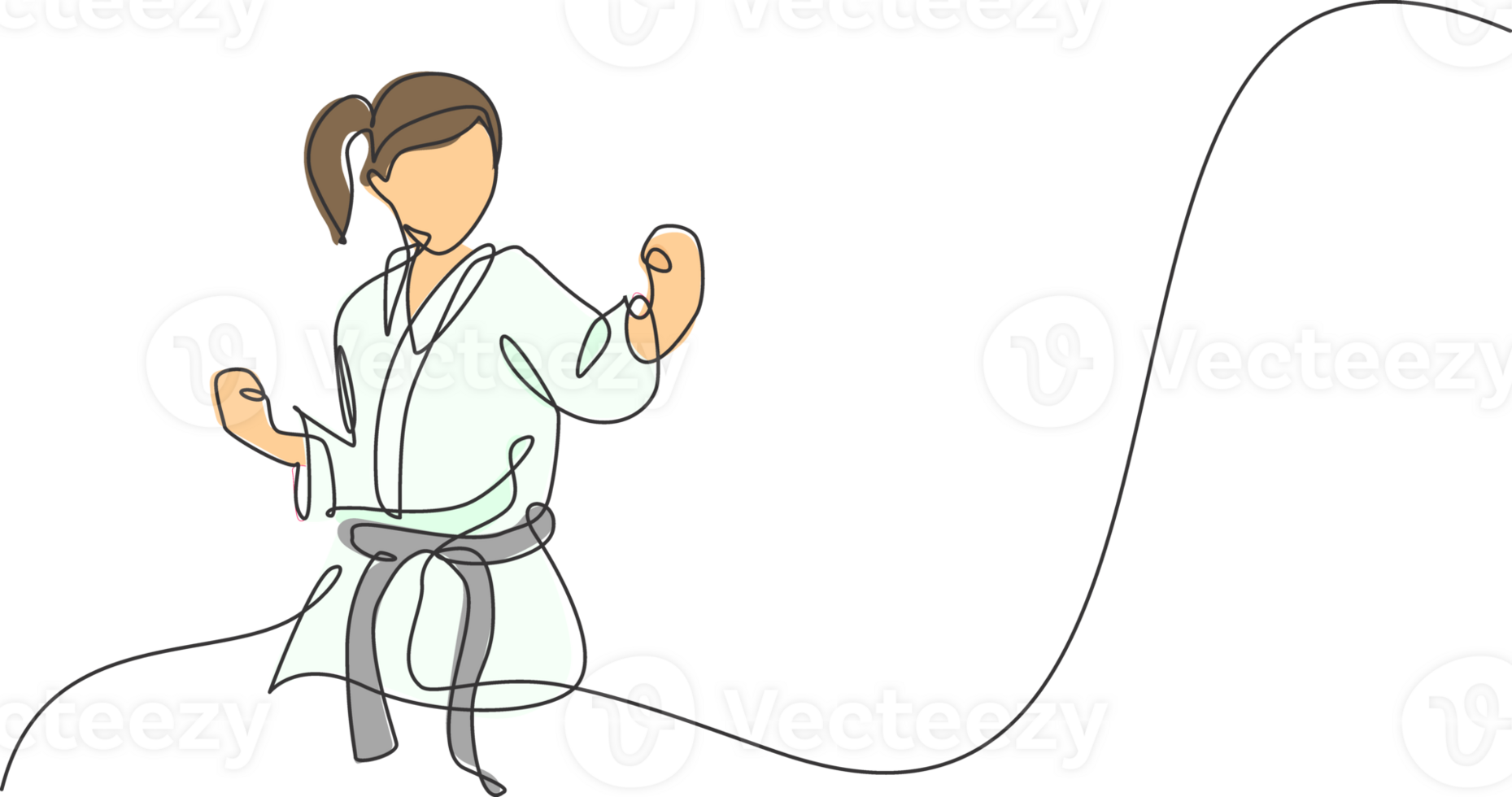 One continuous line drawing of young talented karateka girl train pose for duel fighting at dojo gym center. Mastering martial art sport concept. Dynamic single line draw design illustration png