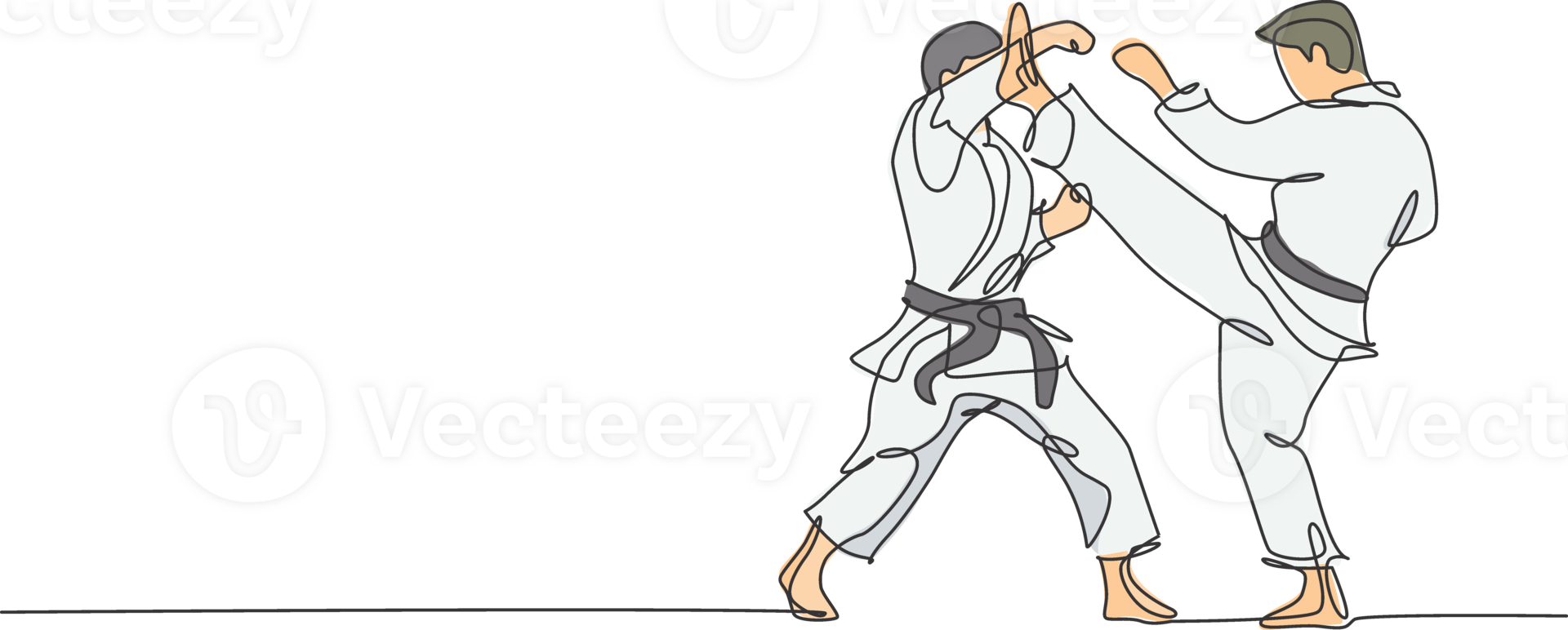 uno soltero línea dibujo de dos joven deportivo karateka hombres en lucha uniforme con cinturón hacer ejercicio marcial Arte a gimnasio ilustración. sano deporte estilo de vida concepto. moderno Seguir línea dibujar diseño png