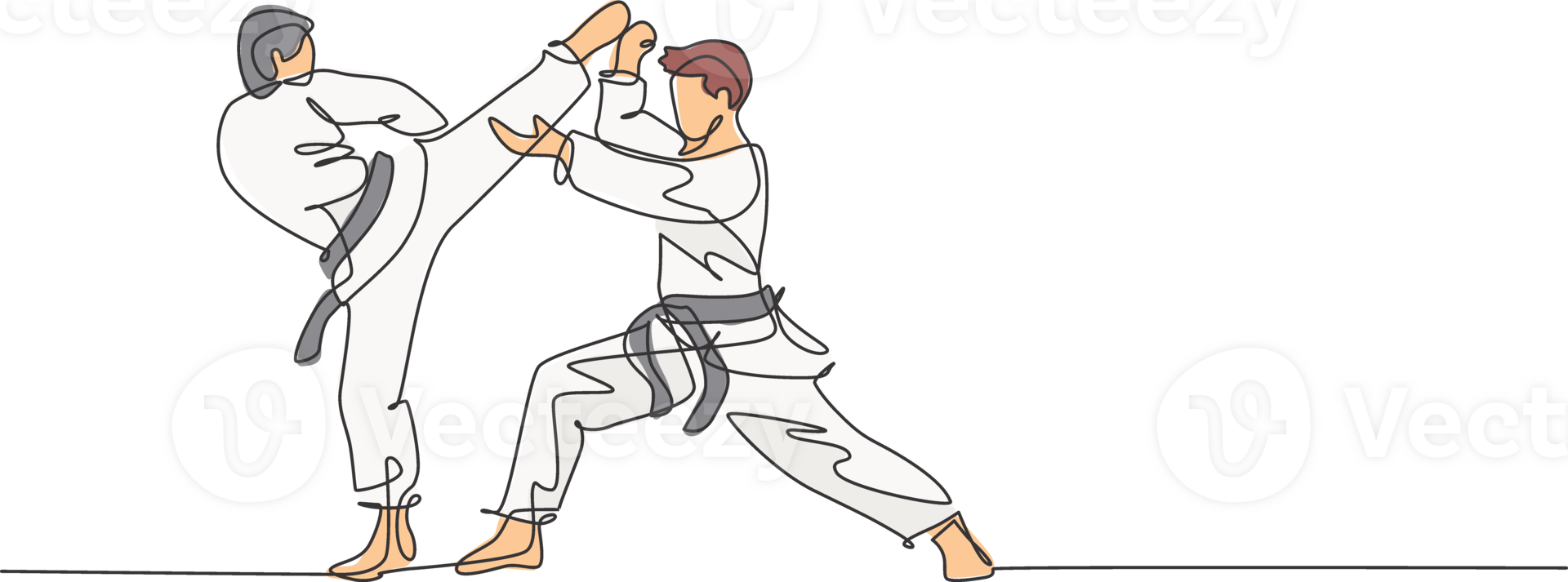 einer Single Linie Zeichnung von zwei jung sportlich Karateka Männer im Kampf Uniform mit Gürtel ausüben kriegerisch Kunst beim Fitnessstudio Illustration. gesund Sport Lebensstil Konzept. modern fortsetzen Linie zeichnen Design png