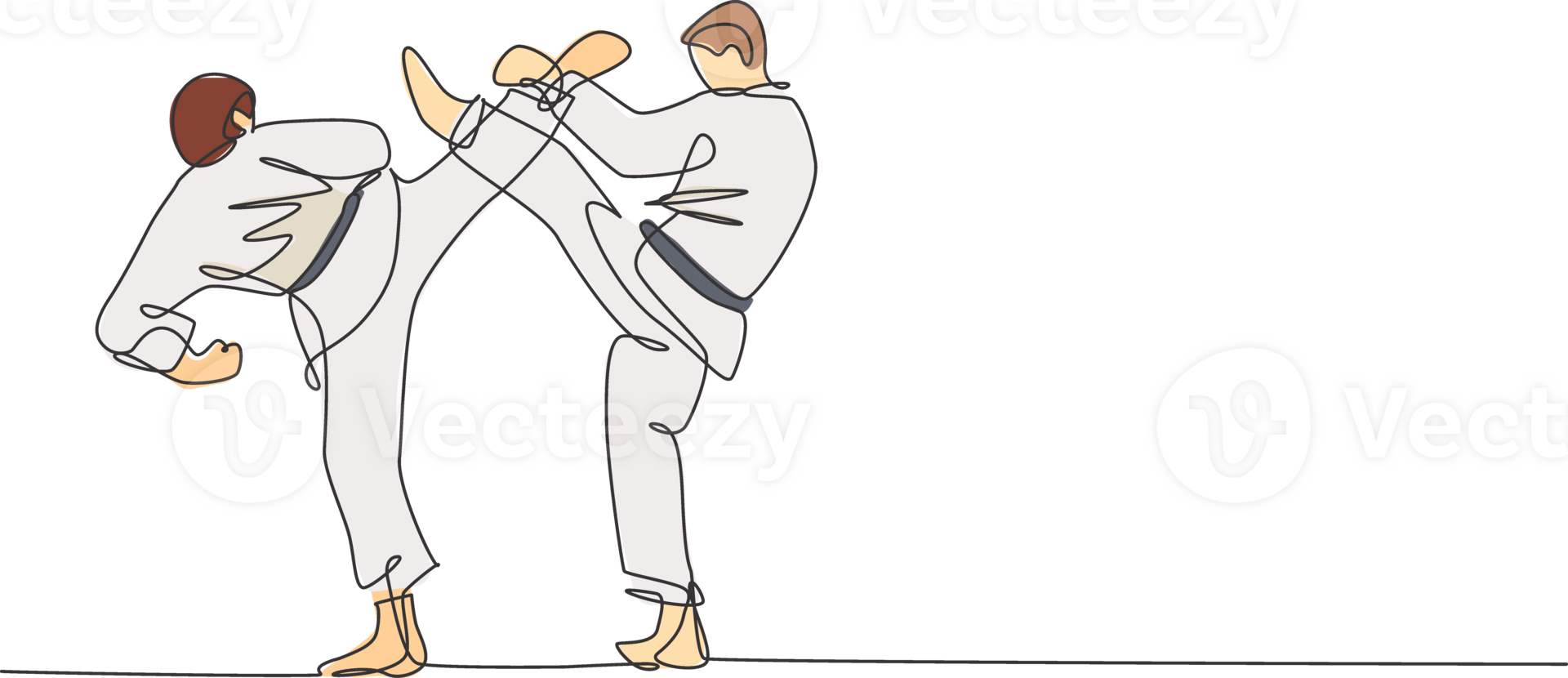 One continuous line drawing of two young talented karateka men train pose for duel fighting at dojo gym center. Mastering martial art sport concept. Dynamic single line draw design illustration png