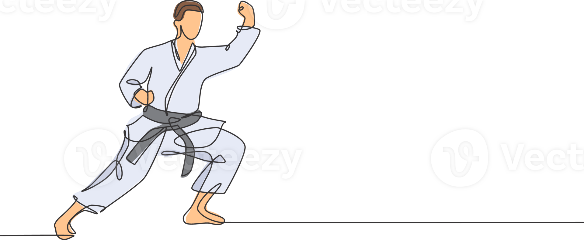 Single continuous line drawing of young confident karateka man in kimono practicing karate combat at dojo. Martial art sport training concept. Trendy one line draw design graphic illustration png