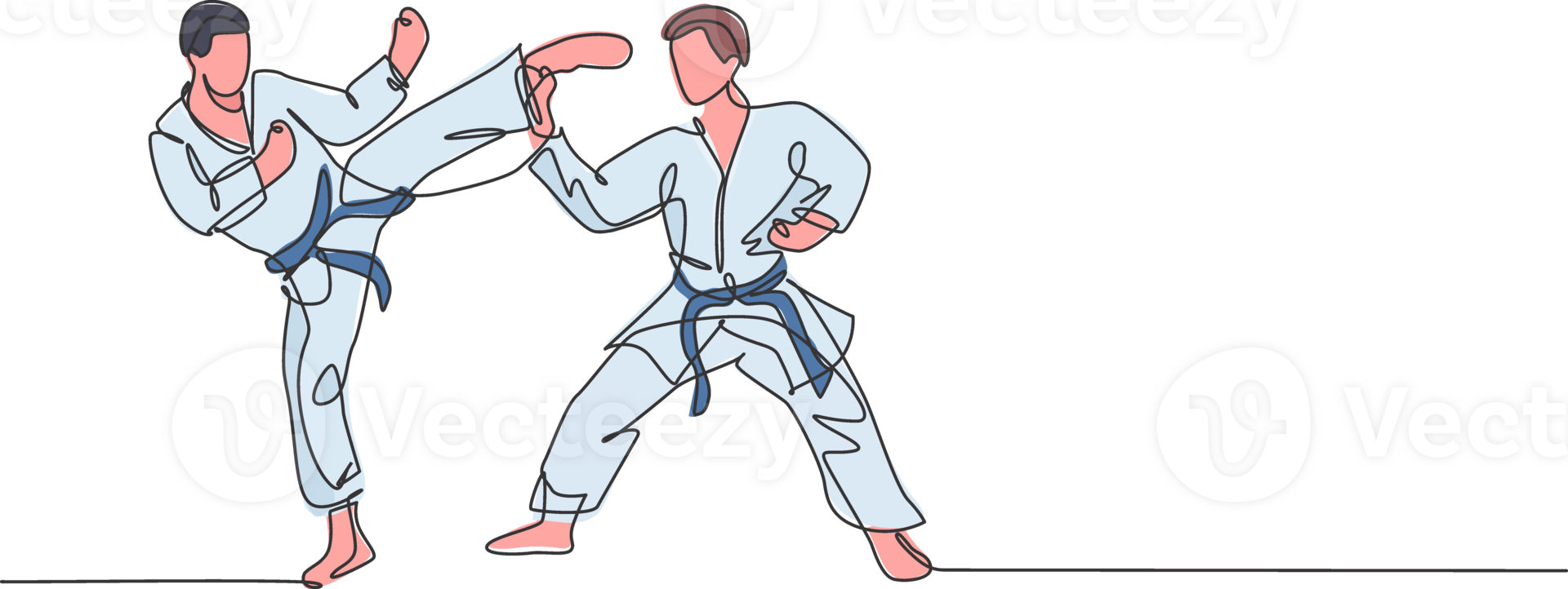 One continuous line drawing of two young talented karateka men train pose for duel fighting at dojo gym center. Mastering martial art sport concept. Dynamic single line draw design illustration png